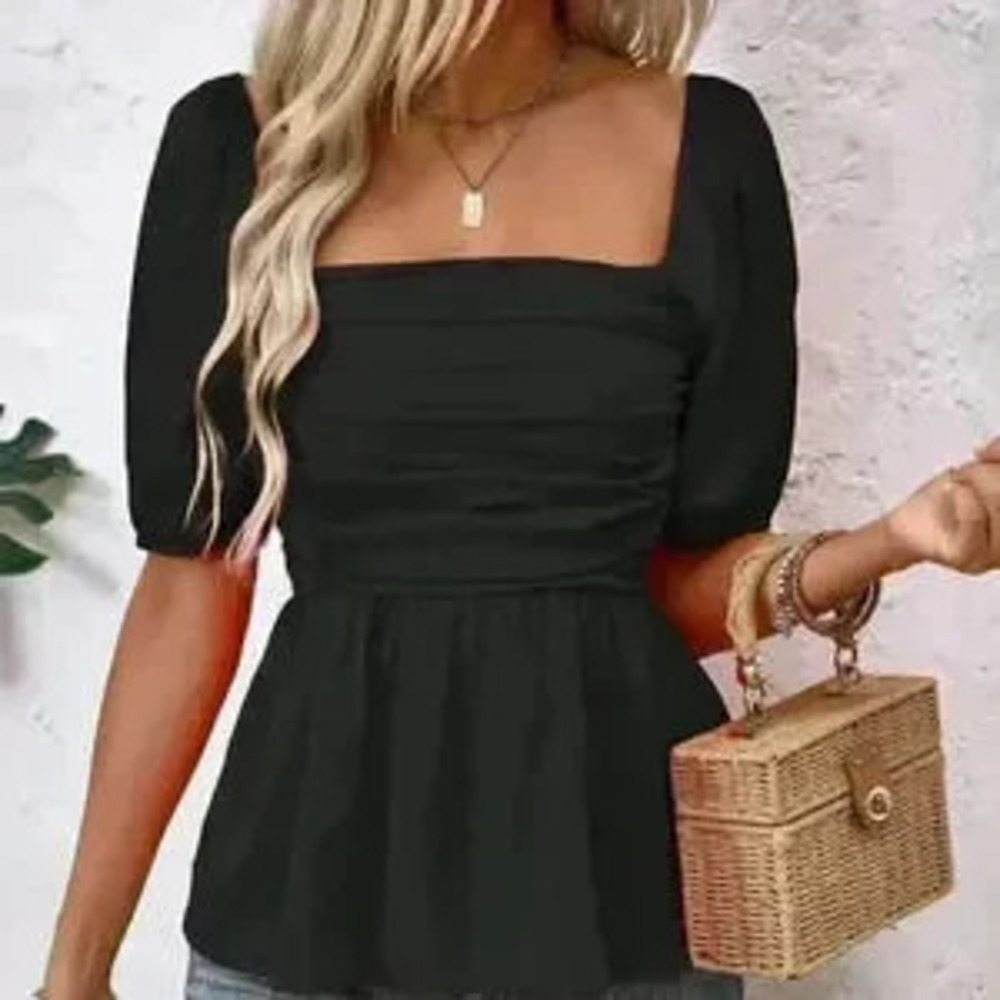 Black Casual Women's Plain Minimalist Pintucked Blouse